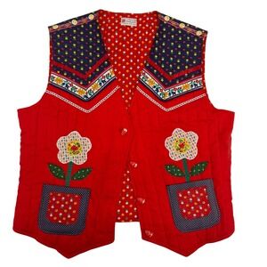 Vintage Handmade Quilted Floral Appliqué Vest Women Red Flower Buttons Large